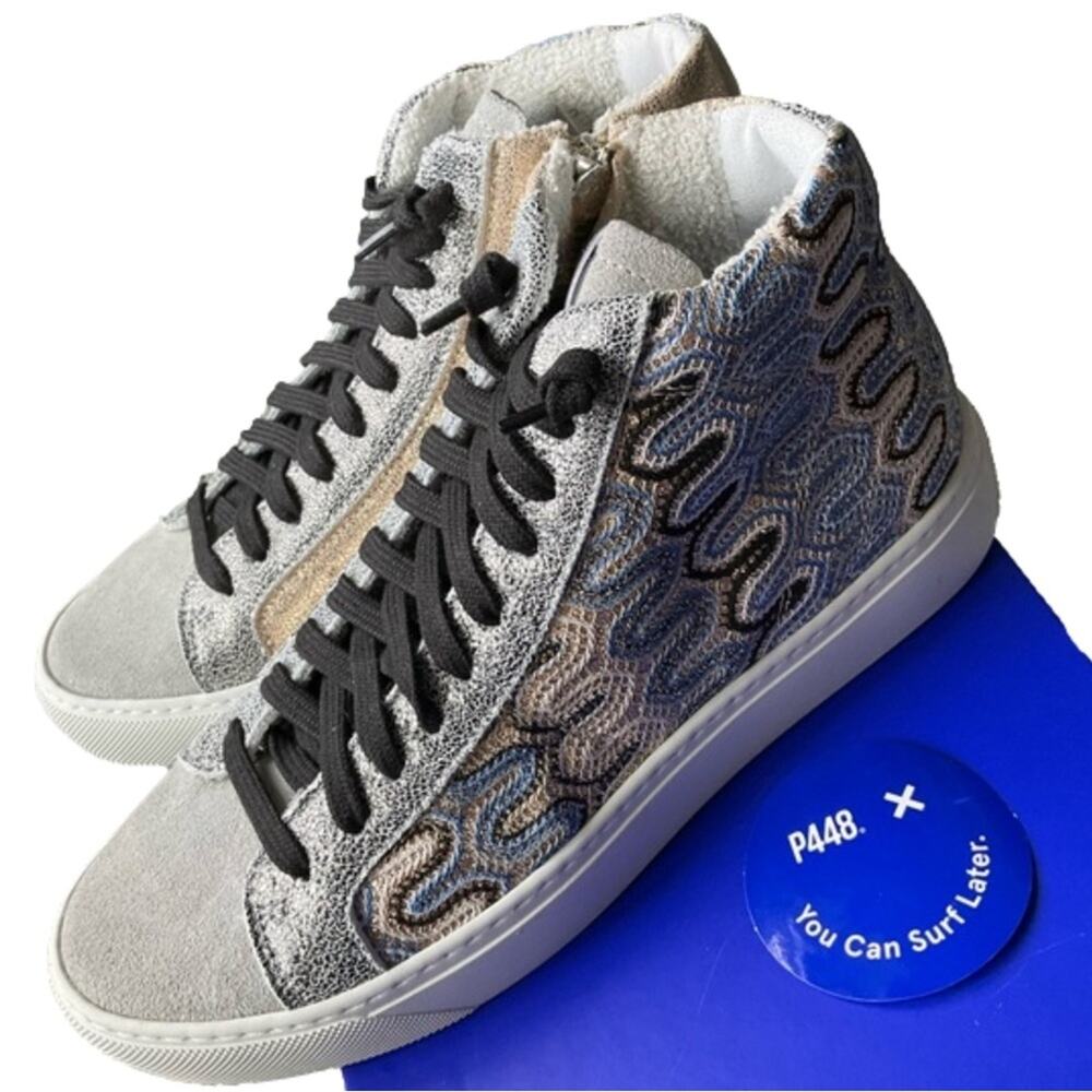 P448 Women's Panama High-Tops with Textured Gray and Blue Design Size 7 NEW NIB
